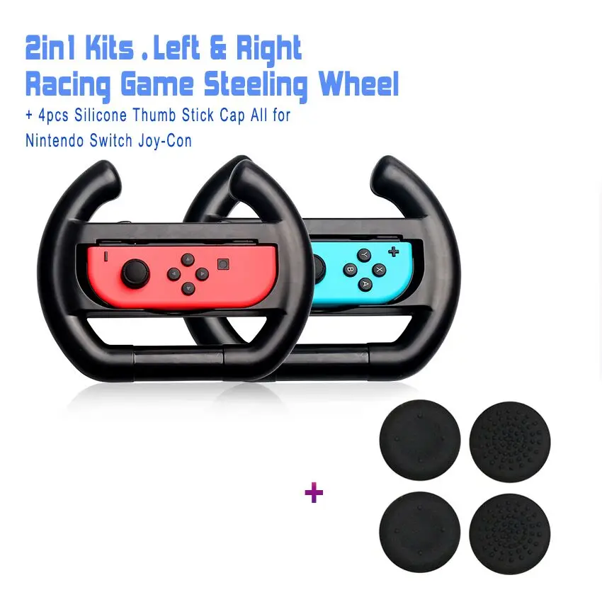 

Game Racing Steering Wheel Controller Gamepad x 2pcs for Nintendo Switch Left & Right Joy-Con + 4pcs of Thumb Stick Gel Cap