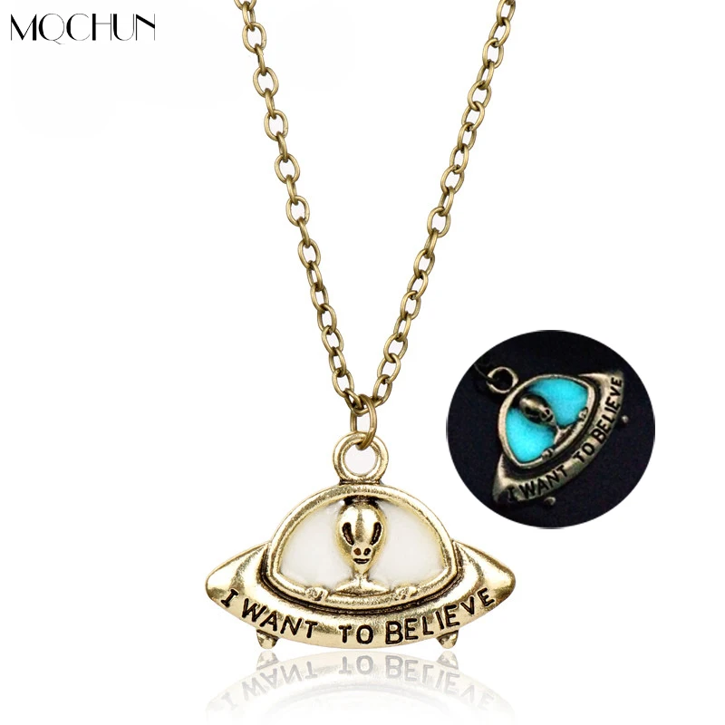 

MQCHUN New Design Vintage Punk Jewelry Luminous Necklace I want to believe Alien UFO Pendants NeckLace Men Women Christmas Gift