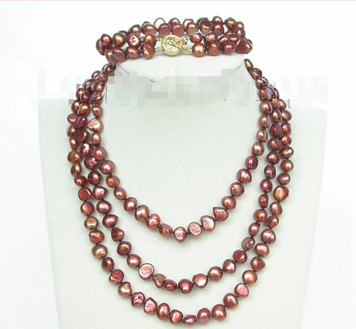 

shipping length 49" 8" 8-9mm baroque light coffee pearls necklace 2row bracelet set j8471