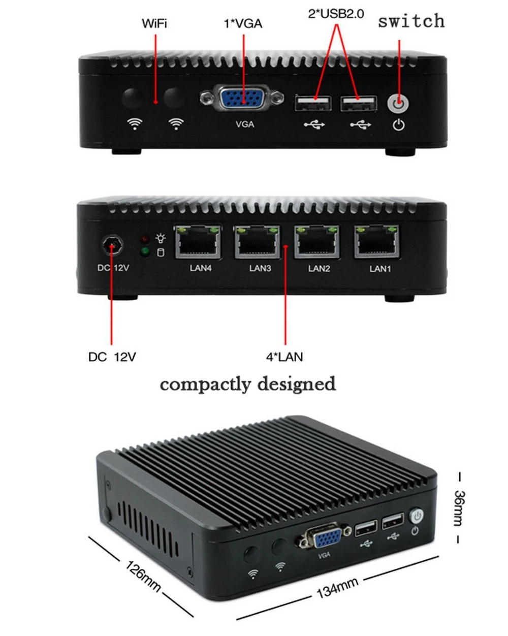 Тонкий клиент ТВ коробка terrly Мини-ПК 4 * lan безвентиляторный Intel J1900 2 ГГц до 2.42 4 ядра четыре Нитки микро компьютер мини Destop ПК