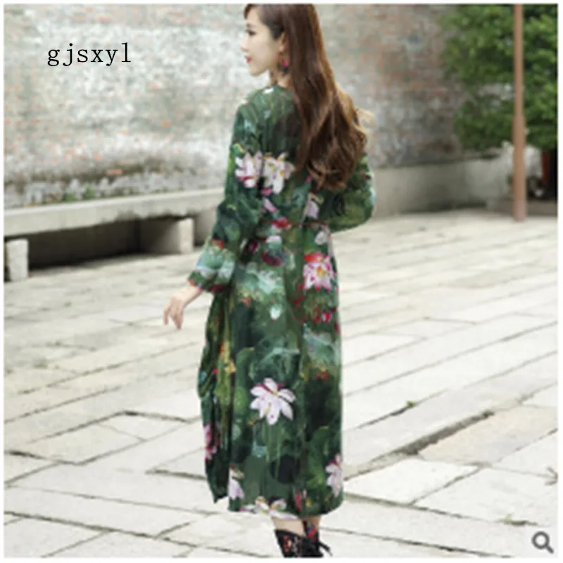 National wind women's 2017 autumn new open lotus leaf printing pregnant women long skirt loose long-sleeved cotton dress women