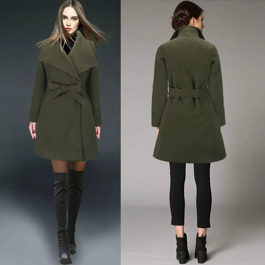

Autumn Womens Woolen Coat Slim Long Female High Street Ladies Green Blend Coat Warm Winter Windbreaker Girls Overcoat Hot Sale