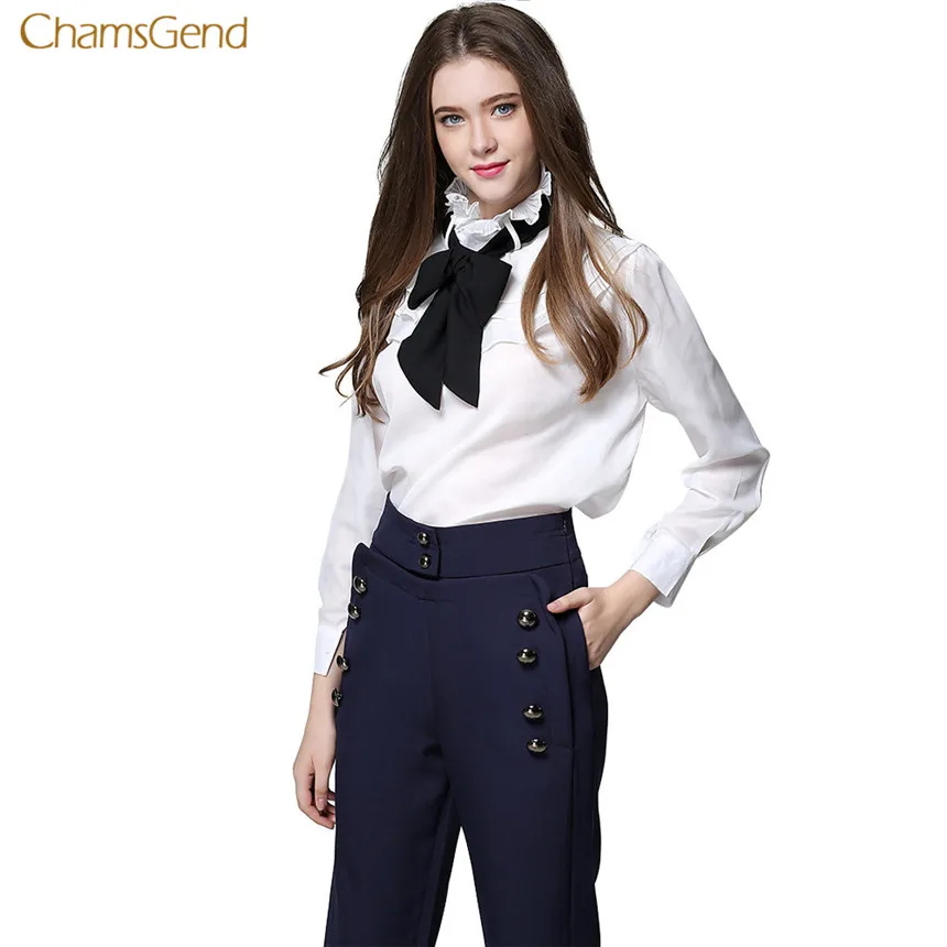 CHAMSGEND Women Blouse White Casual Style Black Bow Tie