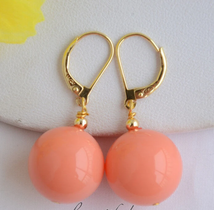 

FREE shipping>>>>16MM ROUND PINK CORAL SOUTH SEA SHELL PEARL DANGLE EARRING (Z6543)