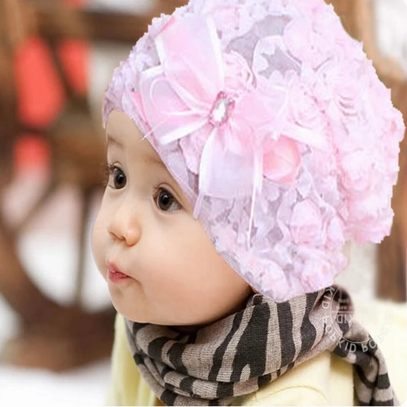 

Korean girl baby lace hat female baby's flower head wear kids spring autumn cap newborn photography props baby turban infant hat