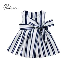 Новое Брендовое летнее платье для маленьких девочек платье трапециевидной формы без рукавов в полоску с бантом летнее платье От 1 до 5 лет