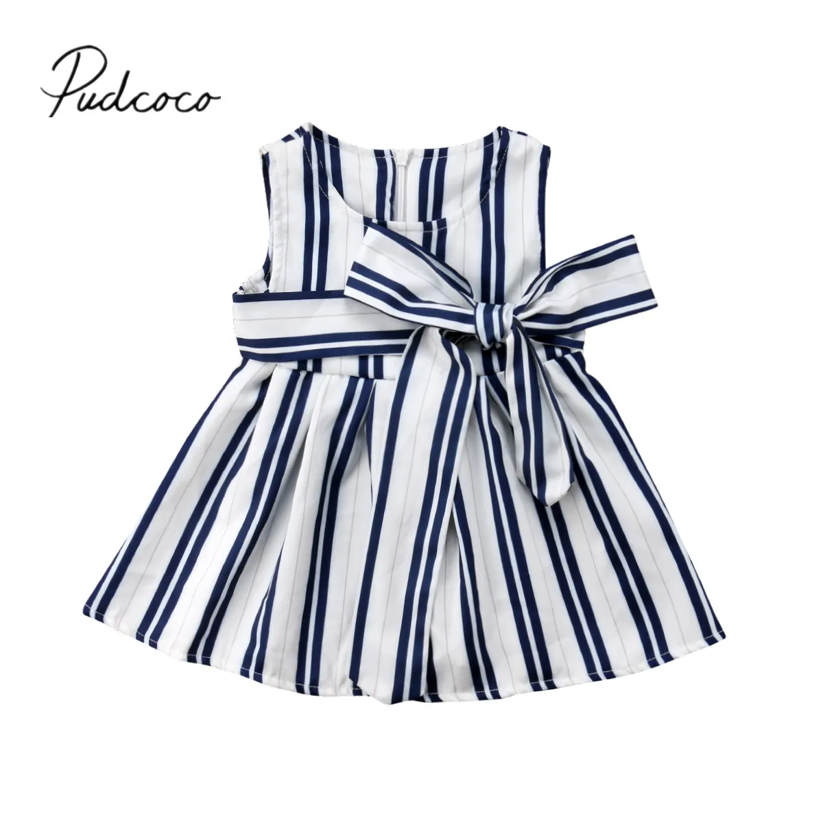 

2018 Brand New Summer Toddler Kids Baby Girls Dress Bow Striped Sleeveless A-Line Knee-Length Dress Sundress Summer Outfit 1-5Y