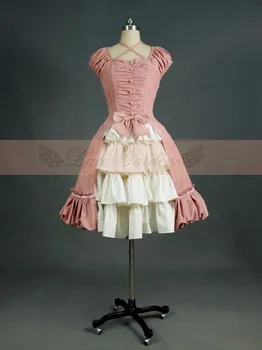 

Palace Vintage Lolita ball gown dress short lantern sleeve bow Flounced Bandage sweet cute Pink suede dress