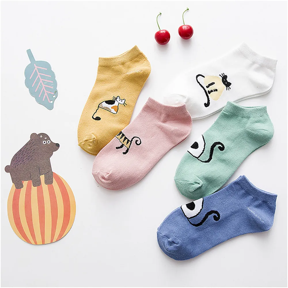 Lncdis, партия из 5 пар модные Нескользящие кот печатных укороченные носки Для женщин короткий Муми-Vrouwen Sokken Zomer Sokjes Sokken Stopki D1