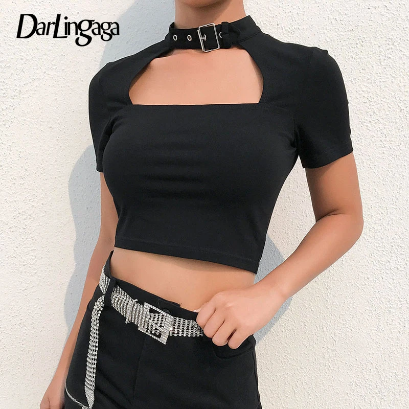 Женская хлопковая футболка с коротким рукавом Darlingaga черная модная Готическая