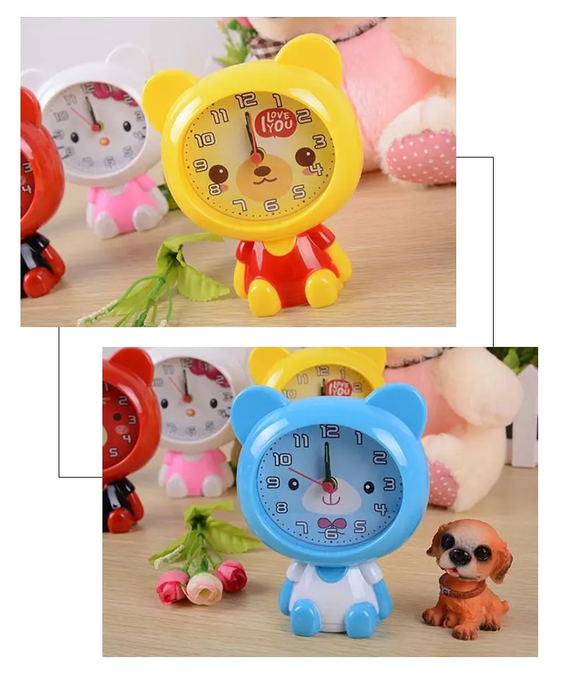 Детские Кварцевые часы с мультяшным медведем и батареей, будильник для украшения дома, настольные часы с фигуркой, пластиковые настольные часы