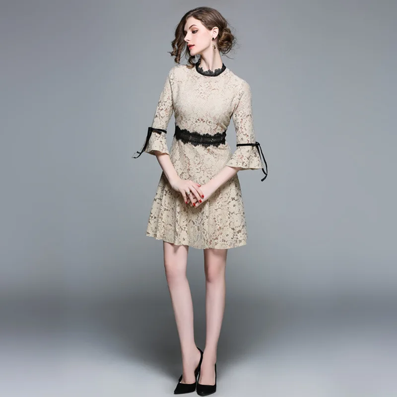 HIGH QUALITY New Fashion 2018 Runway Dress Women's Flare Sleeve Hollow out lace fishtail dress Lady Skirt Midi Dress
