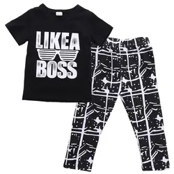 Комплект детской одежды для детей детская одежда для мальчиков Черный топ с принтом "Boss" футболка с коротким рукавом + штаны в полоску