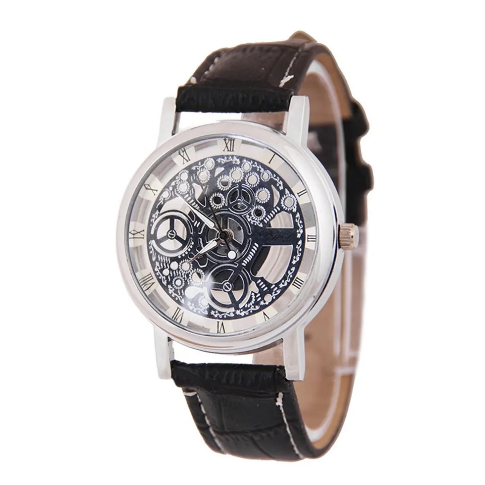 

Simple Mens Watch Skeleton Hollow Out Watch Business Quartz Military Sport Leather Band Roman Dial Wrist Watch