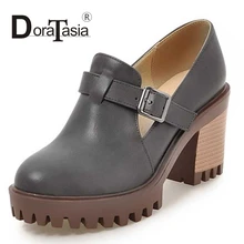 DoraTasia Big Size 33-43 Women Retro Chunky High Heels Spring Autumn Shoes Round Toe Buckle Platform School Girl Pumps