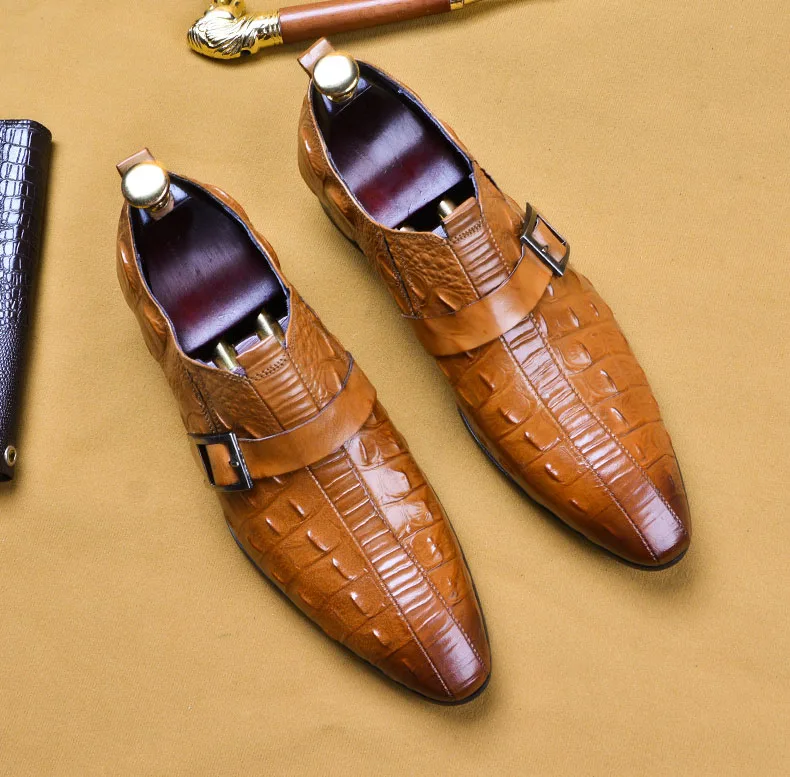 

Brown Black 2019 Crocodile Pattern Genuine Leather Luxury Buckle Wedding Party Dress Shoes Design High Quality Men's Suit Shoes