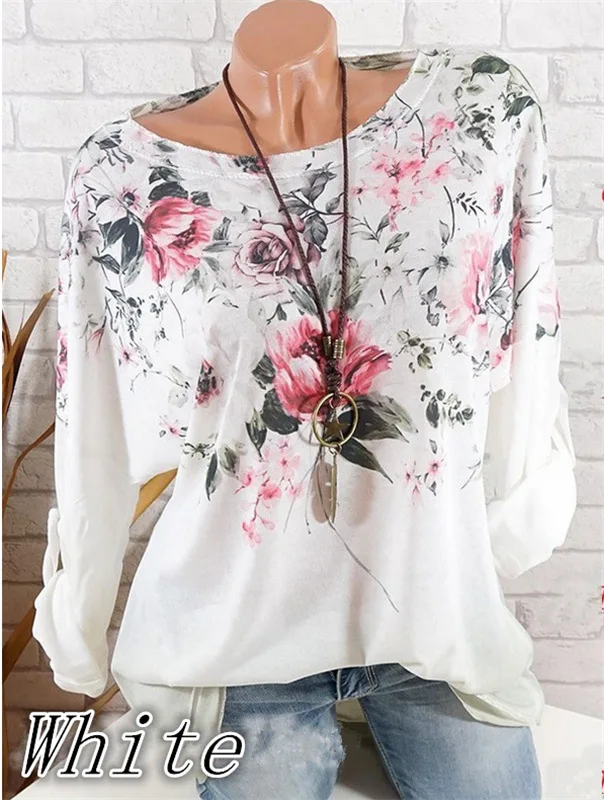 Autumn And Winter Women's Fashion Sexy O-neck Flower printing Long Sleeve Plus Size Shirts Tops