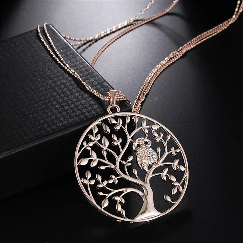 

Small Owl Pendant Necklace Tree Of Life Women Rose Gold Silver Color Chain Crystal Long Necklaces & Pendants Jewelry 1pc 70cm