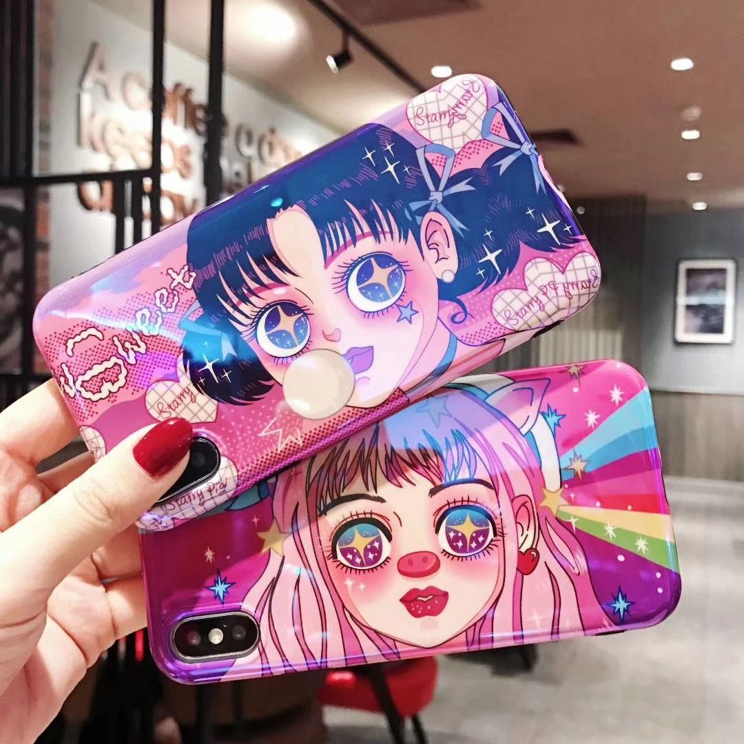 

Cartoon Girl Blue Ray Phone Case For iPhone X XS Max XR Cool Case For iphone 6 7 8 Plus Soft IMD Back Cover Bags Coque Capa