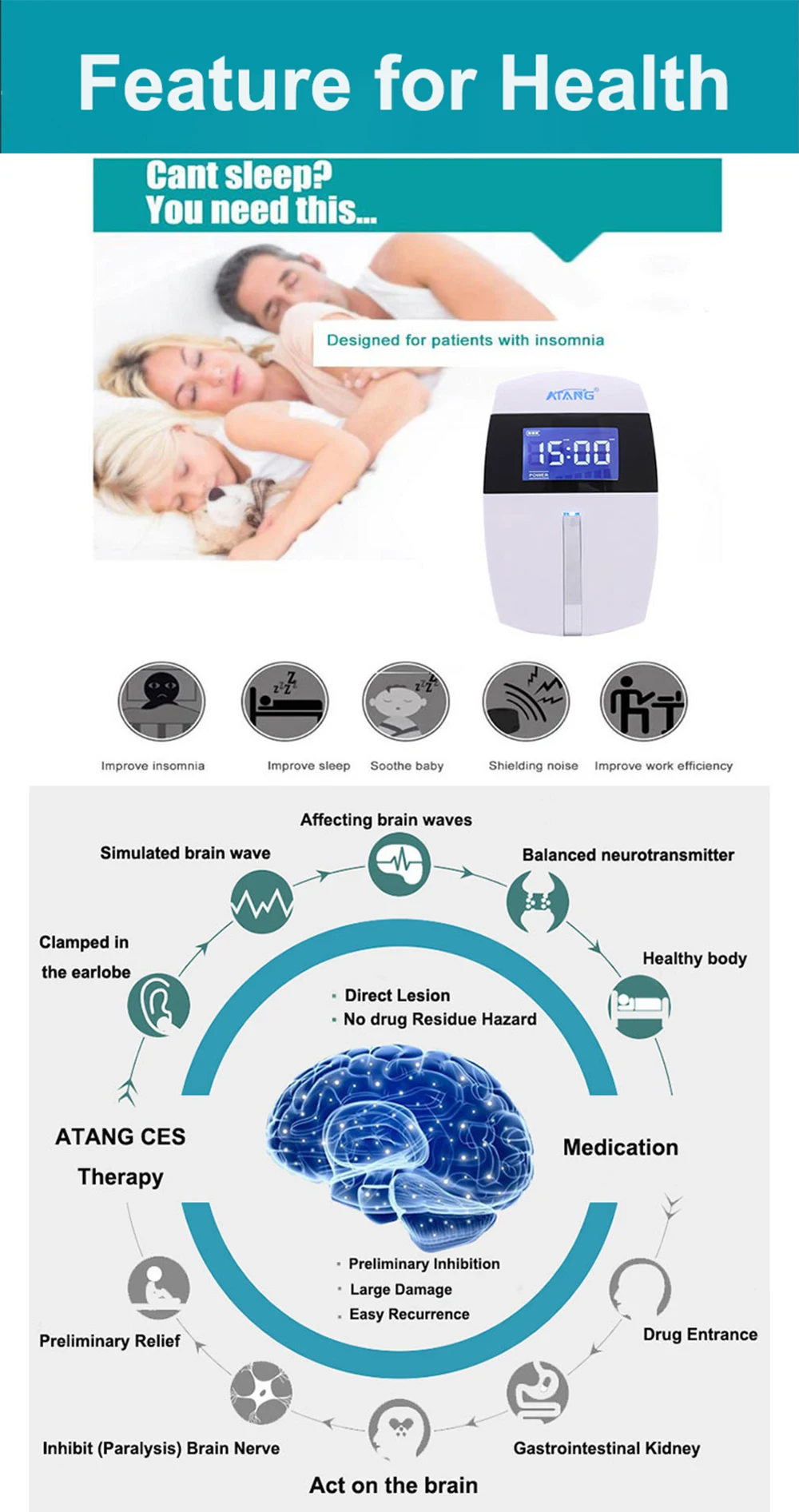 Бессонница устройство для сна ATANG альфа-стим сон медсестра CES тревога облегчение повышение альфа-волновой активности