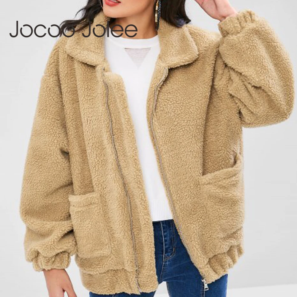 

Jocoo Jolee Plus Size Fleece Faux Shearling Fur Jacket Coat Women Winter Plush Warm Thick Teddy Coat Female Casual Overcoat