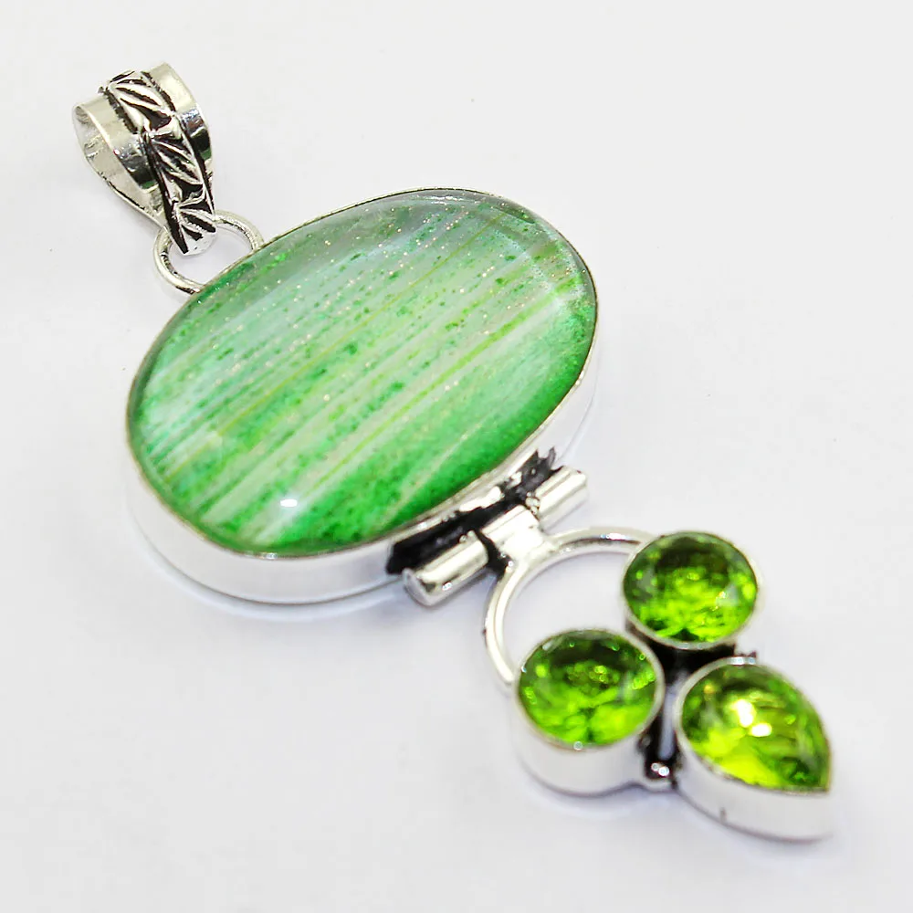 

Dicheroic Glass & Peridots Pendant Silver Overlay over Copper , 68mm, P1253