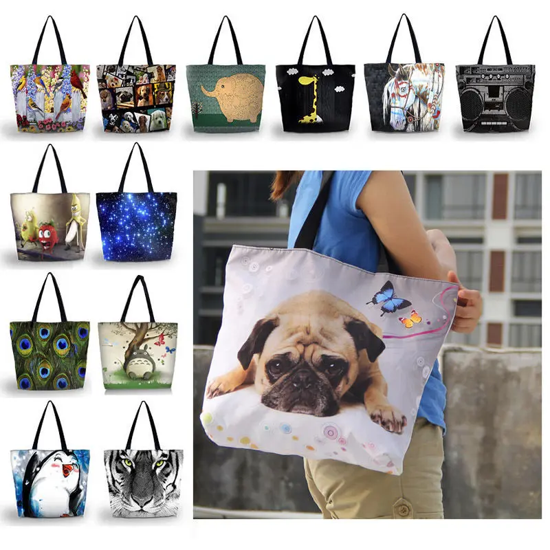 Cute Pugs Waterproof Leather Folded Messenger Nylon Bag Travel Tote Hopping Folding School Handbags