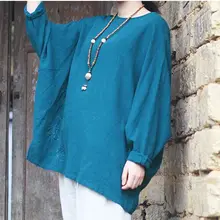 2017 Summer Large Size New O-neck Full Bat Sleeve Shirt Linen Women Fluid Blouse Solid Loose Casual Embroidery Women Clothing