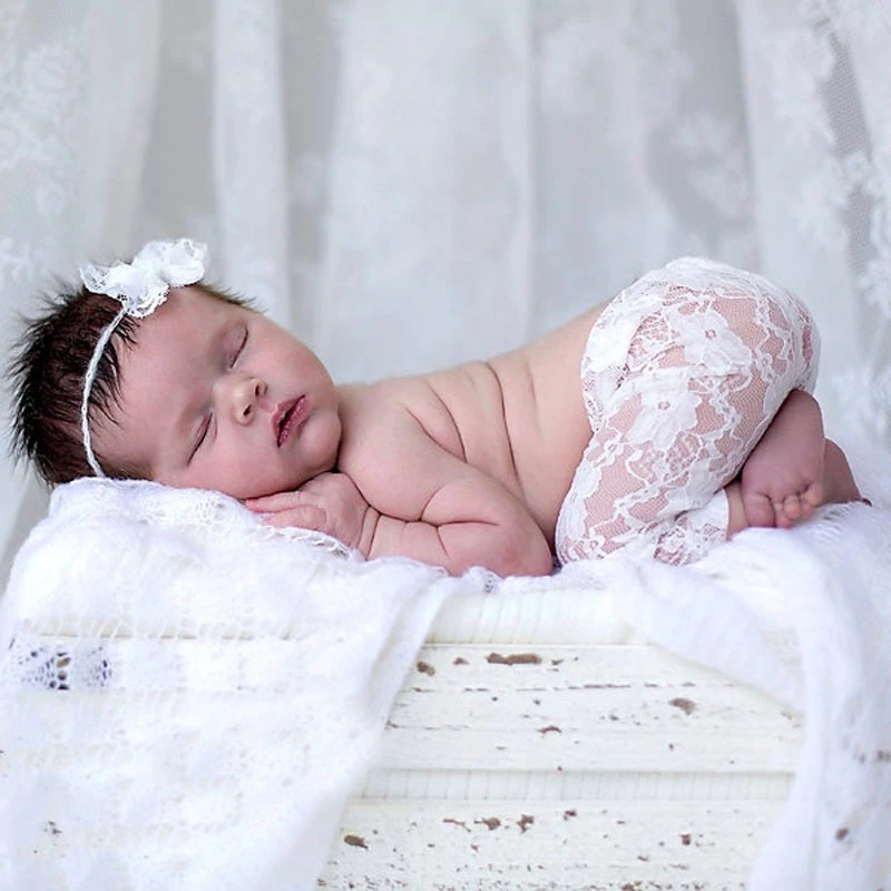 Newborn Baby Photo Props Girls Acrylic Libres Lace Long Soft Leggings Pants Bowknot Headband