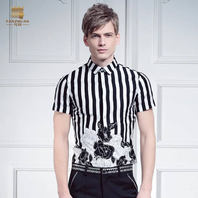 

Free shipping New male Summer Men's casual fashion slim black and white striped short sleeved cotton printed shirt FanZhuan