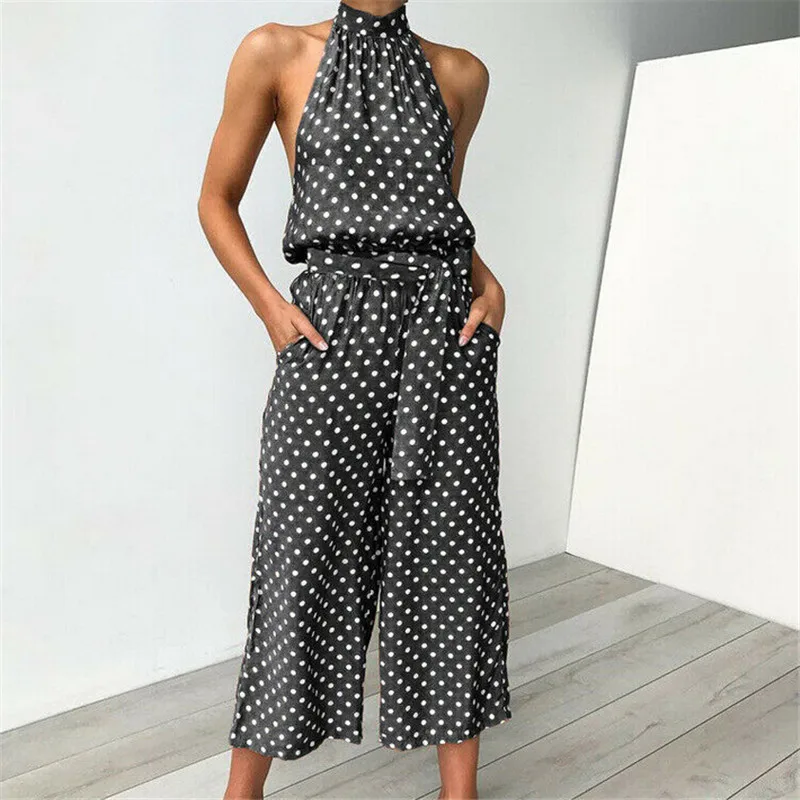 Polka Dots Print Turtleneck Shirred Waist Women Super Comfy Fashion Trendy Boho Print Loose Long Wide Leg Trousers Jumpsuit