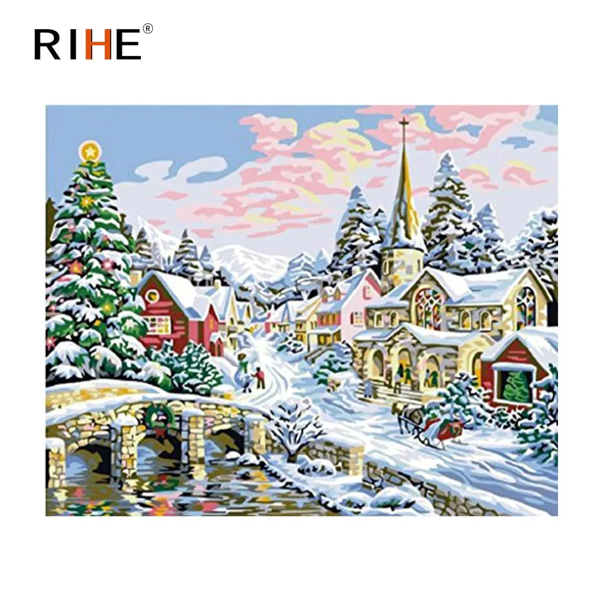 

RIHE Snow Town Diy Painting By Numbers Abstract Village Oil Painting On Canvas Cuadros Decoracion Acrylic Wall Picture For Room