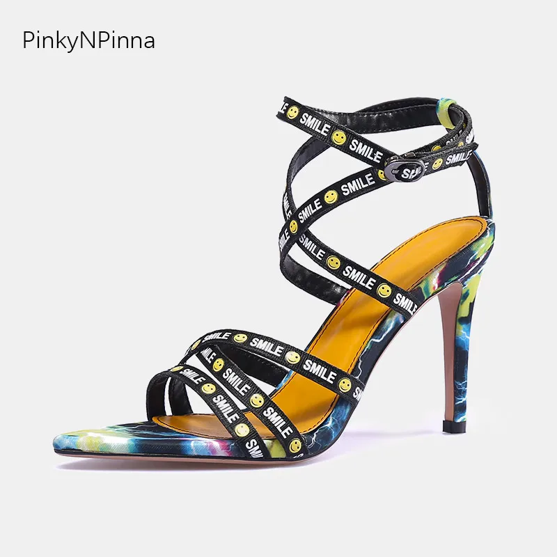 

Pop art women designer gladiator sandals super high heels 10cm stiletto vibrant mixed color satin cross tied fashion sexy shoes