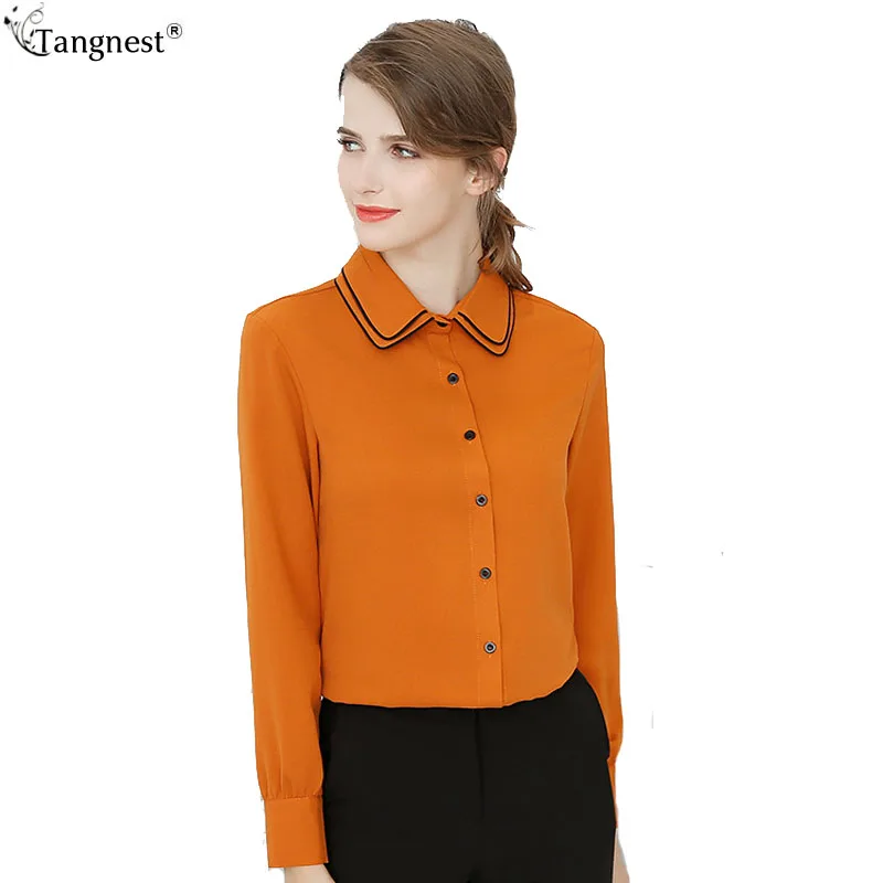 TANGNEST Women Peter Pan Collar OL Shirts 2018 Spring Summer Chiffon Casual Button Long Sleeve Tops |