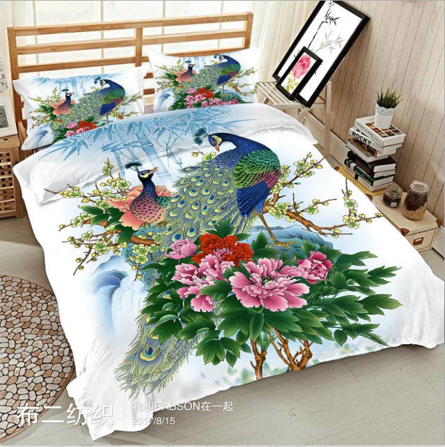 Quilt Cover Bedding Set Peacock Printing King/Queen Size 4Pcs 3D Printed Duvet