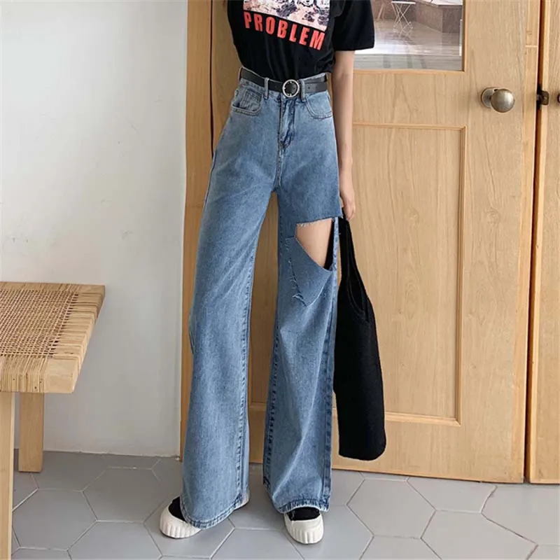

Real shot high waist straight casual jeans 2019 new fashion wild wide leg thin section loose hole jeans large size S-XXL