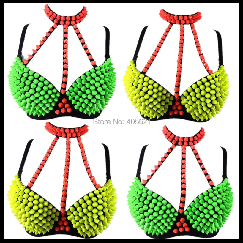 

Rihanna Punk Jazz Fluorescent Color Rivets Acrylic Rhinestones Bra Underwear Tops Pole Belly Dancing Party Dancer DS Costumes
