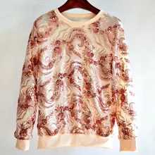 Tumblr Kpop Real обычный круглый вырез полный полиэстер стиль для женщин тяжелая промышленность блестки вышивка Круглый Вырез Свободный Топ