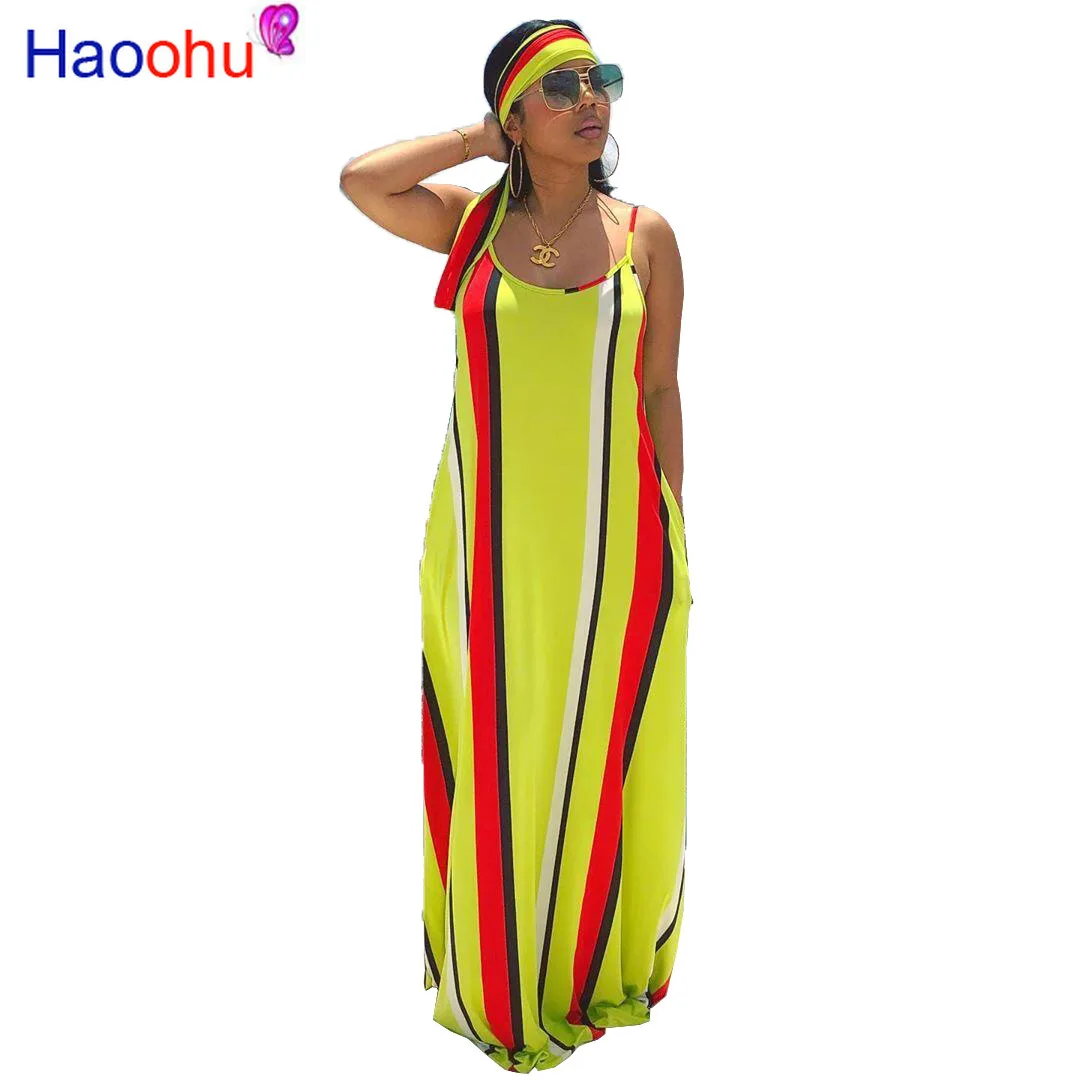 

HAOOHU Women Summer Bohemian Long Maxi Dresses Sexy O-neck Sleeveless Tie Dye Print Boho Beach Floor Length Dress with Pockets