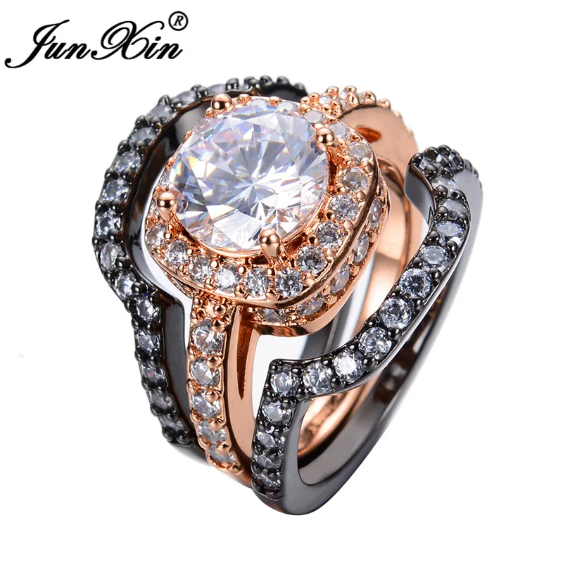 JUNXIN 3pcs White Zircon Ring Sets Black /Rose Gold Filled