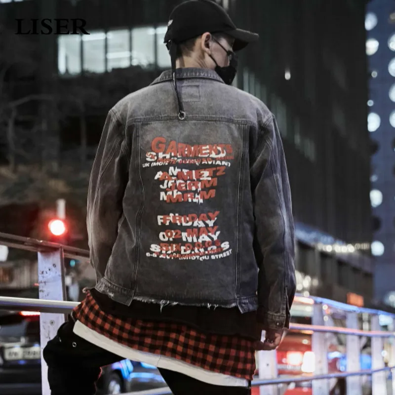 

LISER Denim Jacket Mens Letter Print Hip Hop Jeans Jacket 2019 Oversized Jacket Streetwear Harajuku Jackets