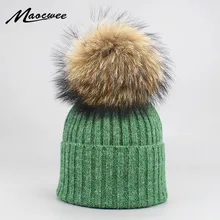 Новинка, зимние шерстяные шапки бини, женская меховая Кепка с помпонами из натурального меха енота, женские шапки с помпонами, теплые вязаные шапки в полоску