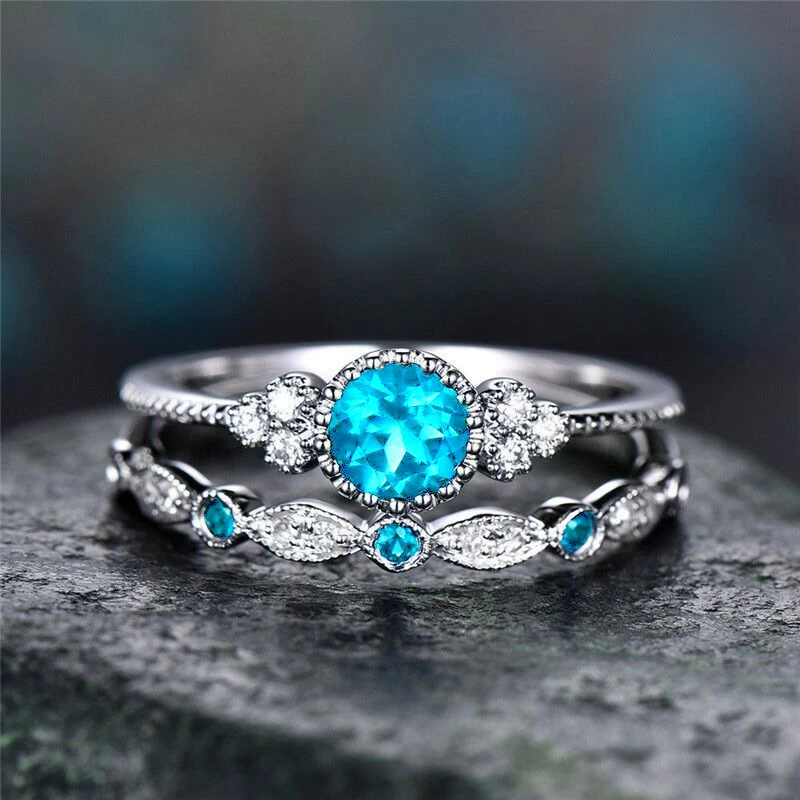 Aquamarine QCOOLJLY 2 шт./компл.; роскошная женская обувь, расшитая зелеными синий камень кольца с настоящими Австрийскими кристаллами Для женщин серебряного цвета Цвет Свадебные Обручение кольца, ювелирное изделие, Дропшип - Цвет основного камня: Aquamarine
