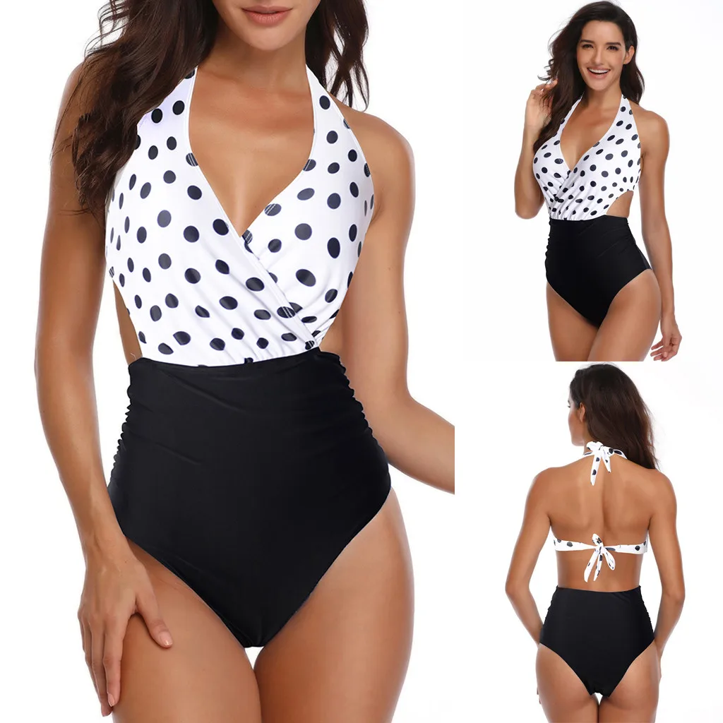 

2019 New Summer Women Padded Sexy Dot Lace-up Print Backless Bikini Halter One Piece Swimwear Monokini Maillot de Bain Femme