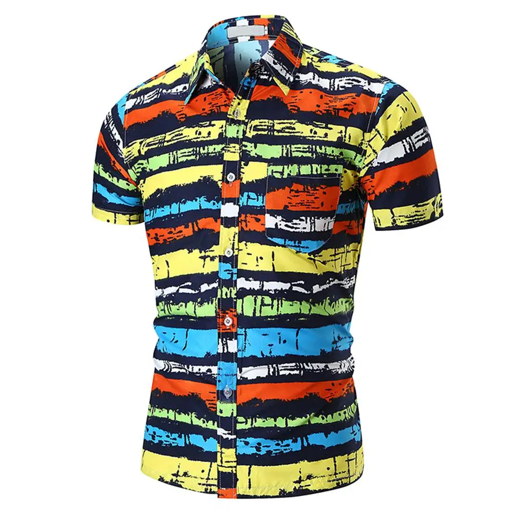 Colorful Striped Summer Shirts Men Short Sleeve Soft Cotton Printed