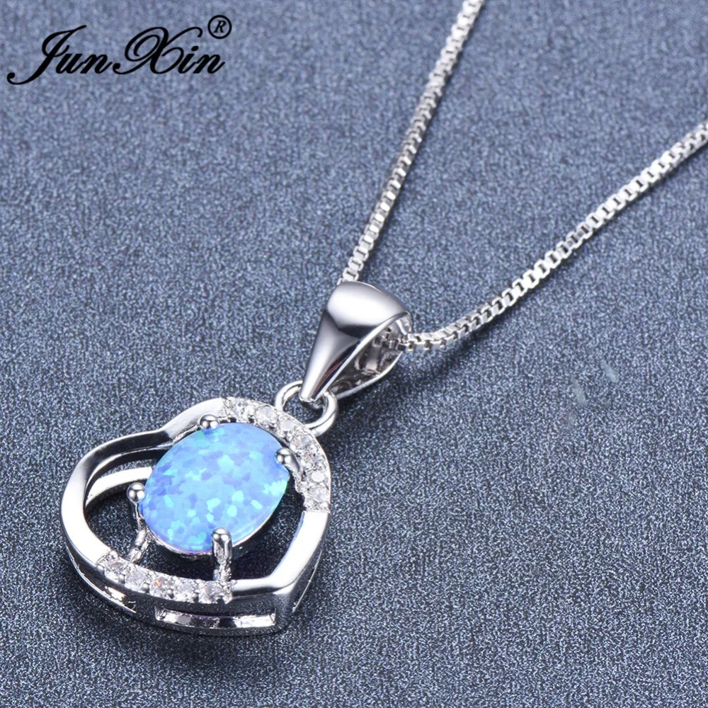 JUNXIN Oval Blue White Fire Opal Heart Pendant Necklace For Women 925 