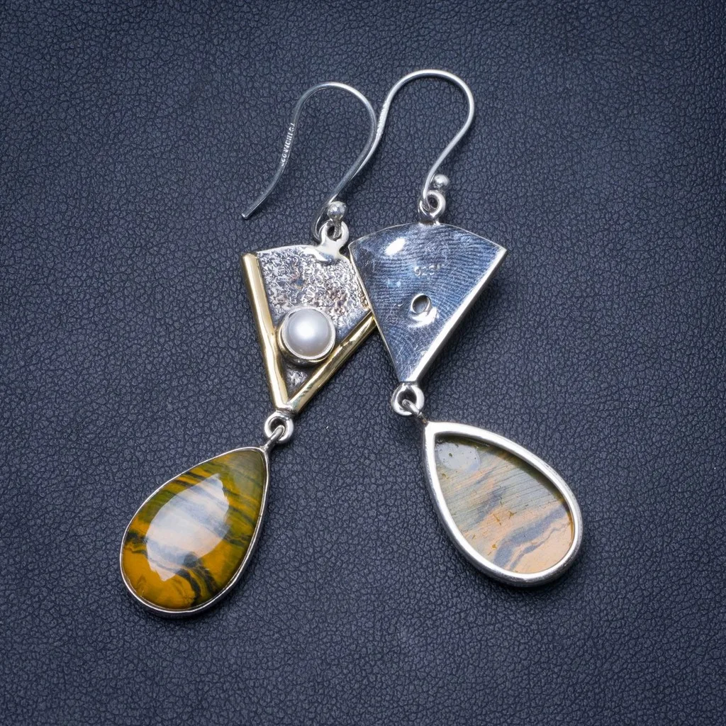 

Natural Two Tones Imperial Jasper River Pearl Handmade Unique 925 Sterling Silver Earrings 2.25" Y0609
