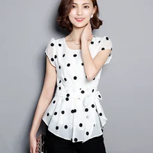 Camisa Para Mujer de Lunares Blusa de La Gasa 2017 Verano Tops Mujer Camisas Para Mujer Tops Rebordear Manga Ocasional de La Gasa Blusas Femeninas