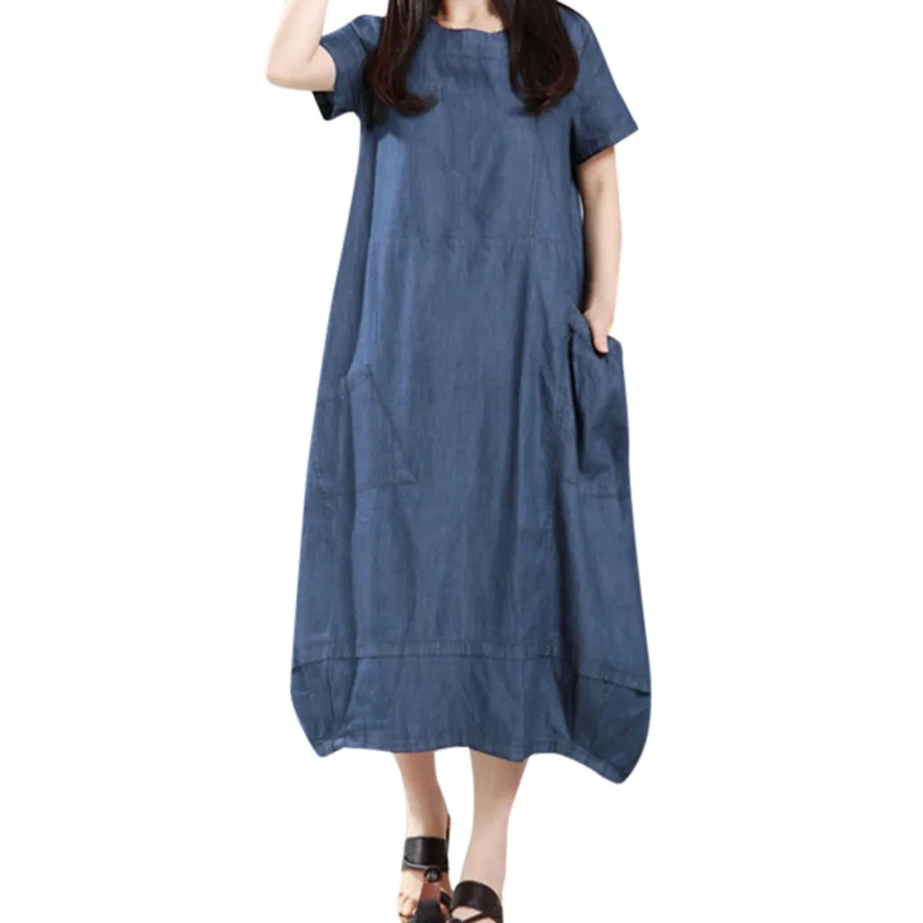 

Women Summer Dress Casual Solid Short Sleeve Loose Pocket Maxi Dress Round Neck Mid-Calf Empire Denim Dress Plus Size 5XL L508