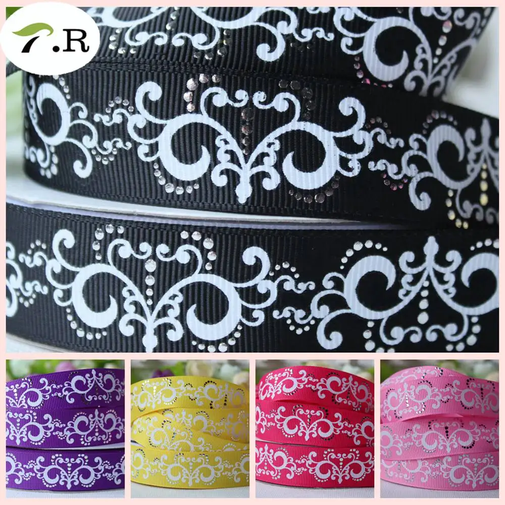 

5 colors 7/8" silver foil damask grosgrain ribbon, silver metallic Paisley swirl grosgrain 50yards/lot